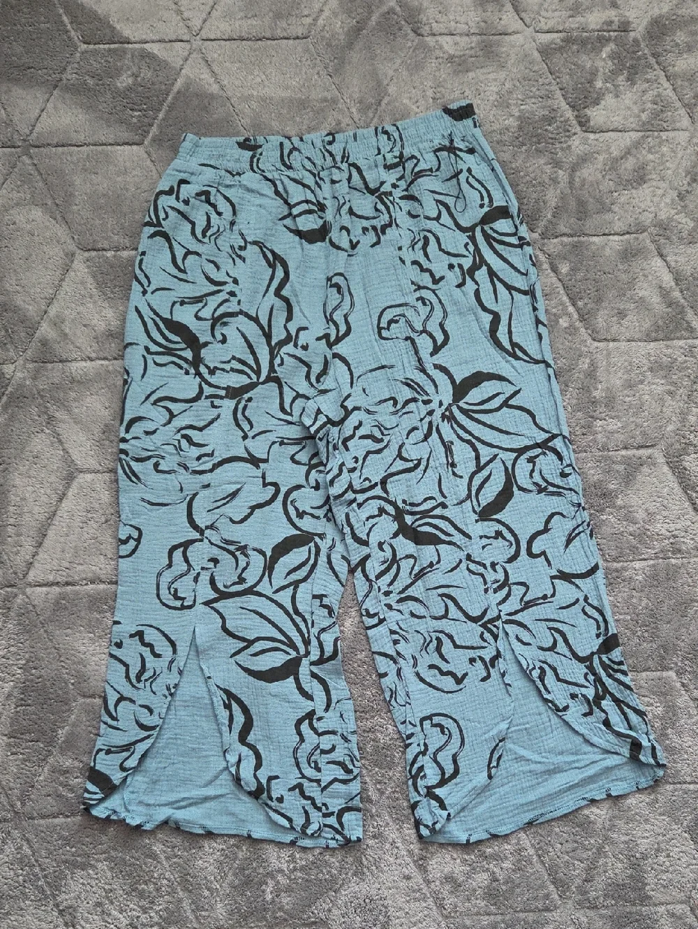 Royalty For Me Teal Blue Floral Split-Hem Wide-Leg 100% Cotton Pants Size Large